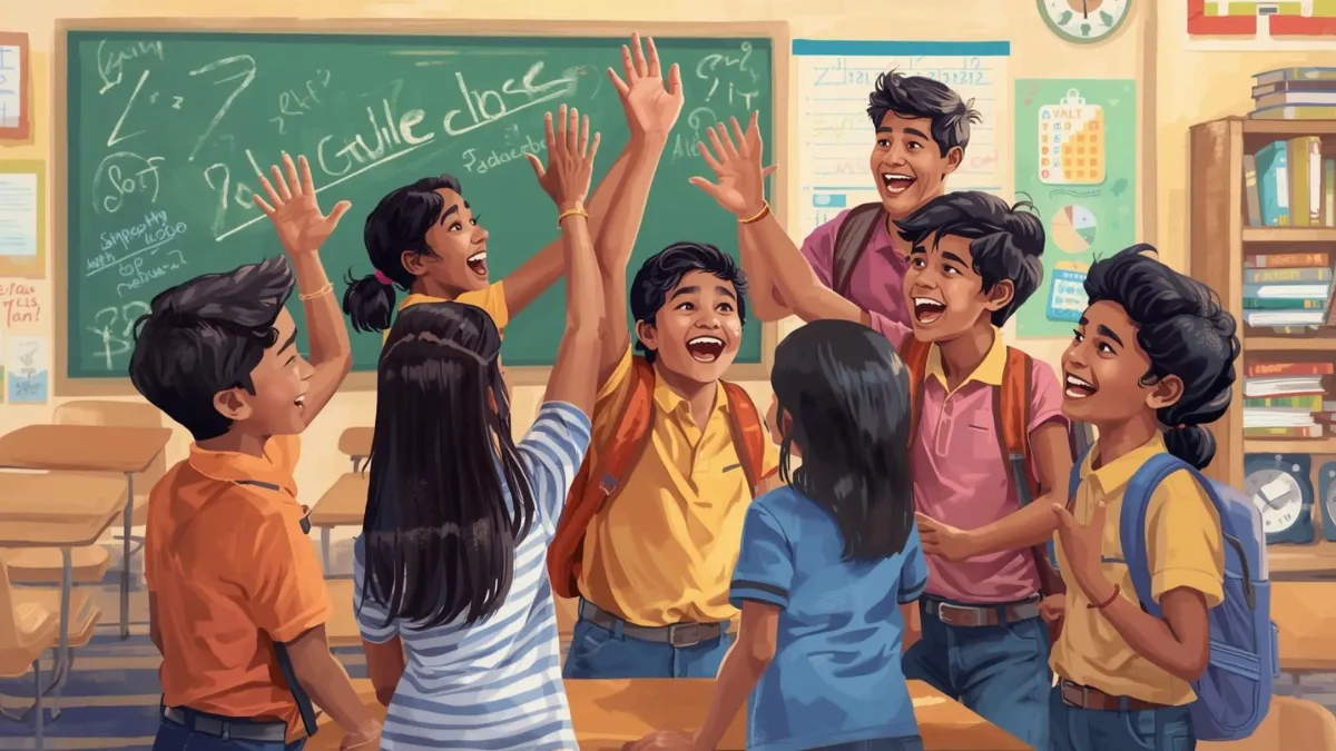 Students celebrating classroom achievement with high-fives and smiles
